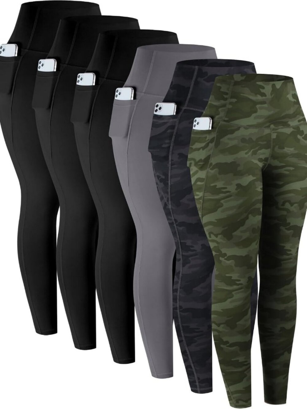 High-Waisted Tummy Control Leggings with Pockets - 6 Pack Soft Yoga Pants for